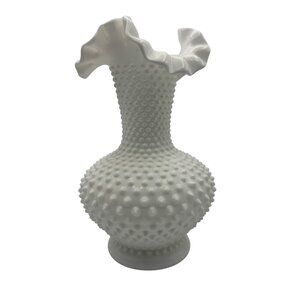 Fenton White Hobnail Milk Glass Vase With Ruffled Rim